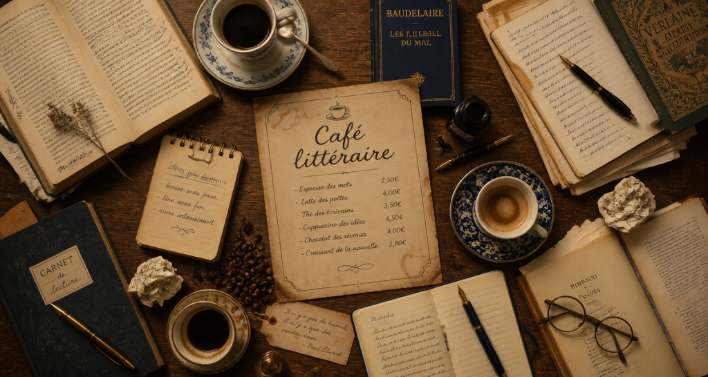 cafes litteraires table livres et café