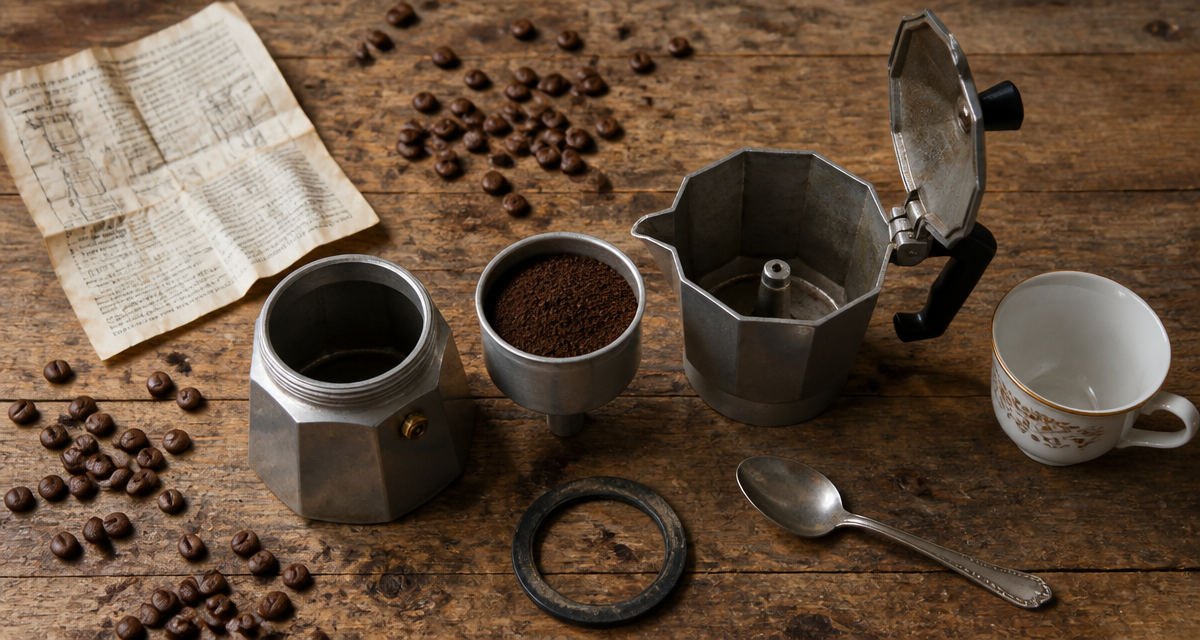 Cafetière italienne fonctionnement sur table bois