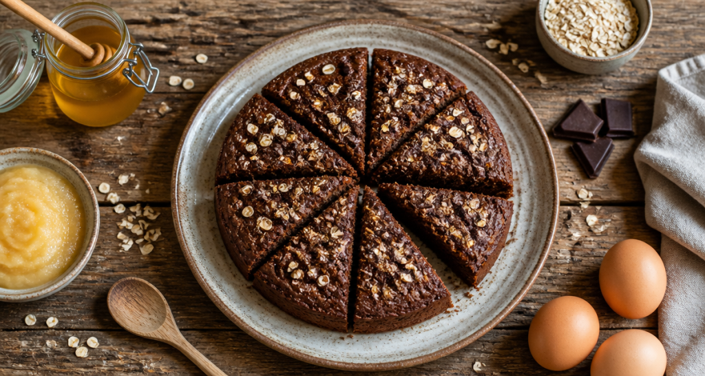 gateau chocolat flocon d'avoine healthy en parts sur assiette
