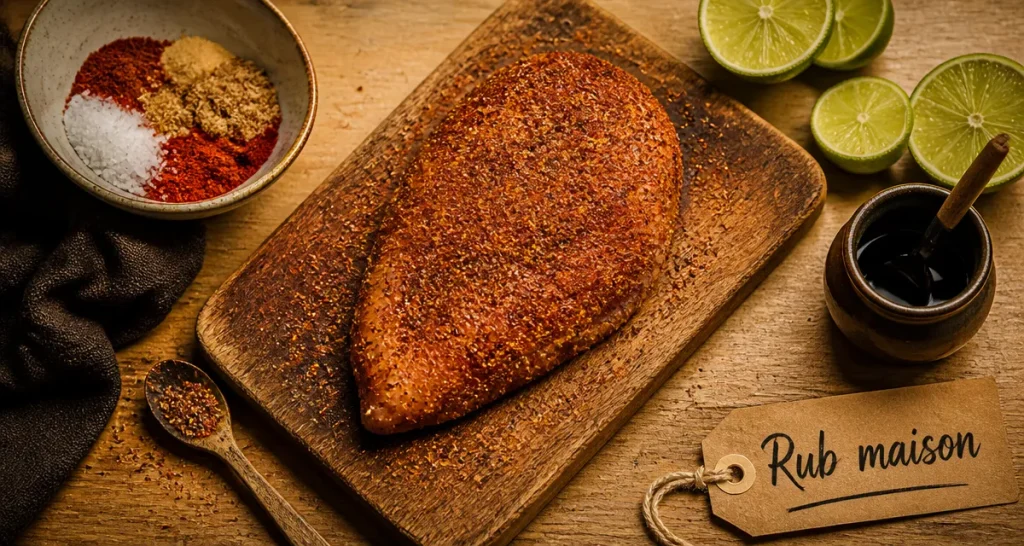 Assaisonnement rub maison : paprika, sel, ail et poivre sur poulet