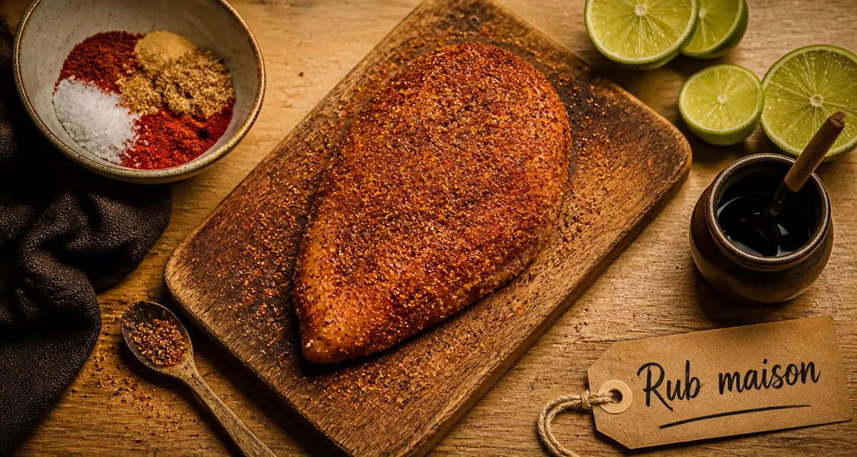 Assaisonnement rub maison : paprika, sel, ail et poivre sur poulet
