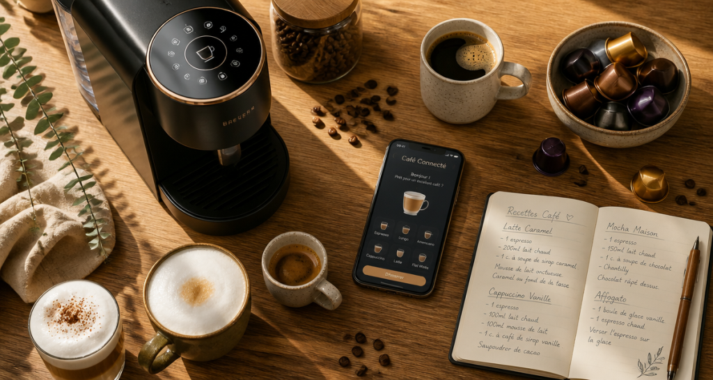 cafetiere connectee moderne avec smartphone et cafe