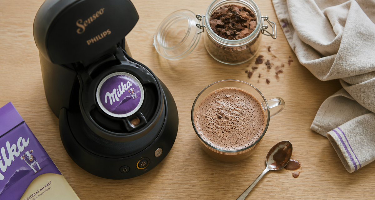 Dosette Milka Senseo utilisation avec machine et tasse de chocolat chaud