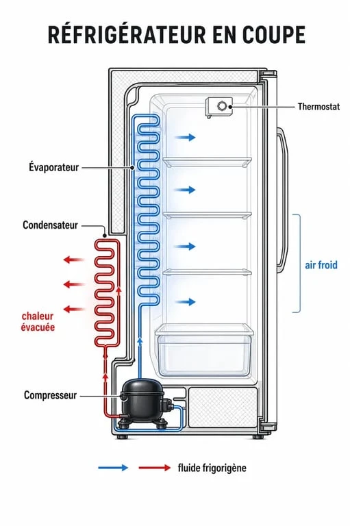 Schéma des composants principaux d'un réfrigérateur pour le diagnostic de panne frigo