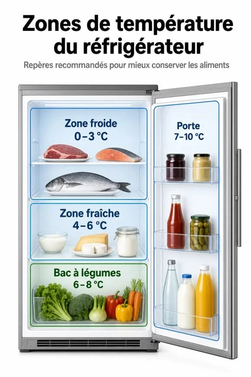 Infographie des zones de température idéales pour bien régler son frigo