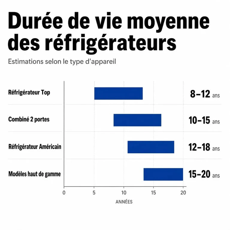 Infographie illustrant la durée de vie moyenne d'un réfrigérateur selon sa technologie et son type
