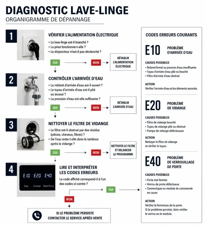 Organigramme de diagnostic pour machine à laver Electrolux : étapes de dépannage et codes erreurs