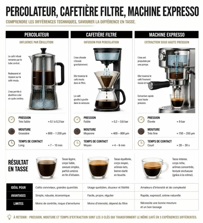 Infographie comparative des méthodes de préparation du café : percolateur, cafetière filtre et expresso