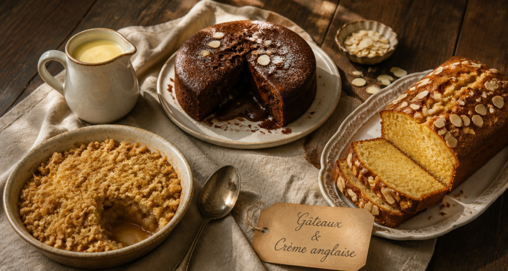 gâteau pour accompagner une crème anglaise, fondant chocolat, crumble et cake