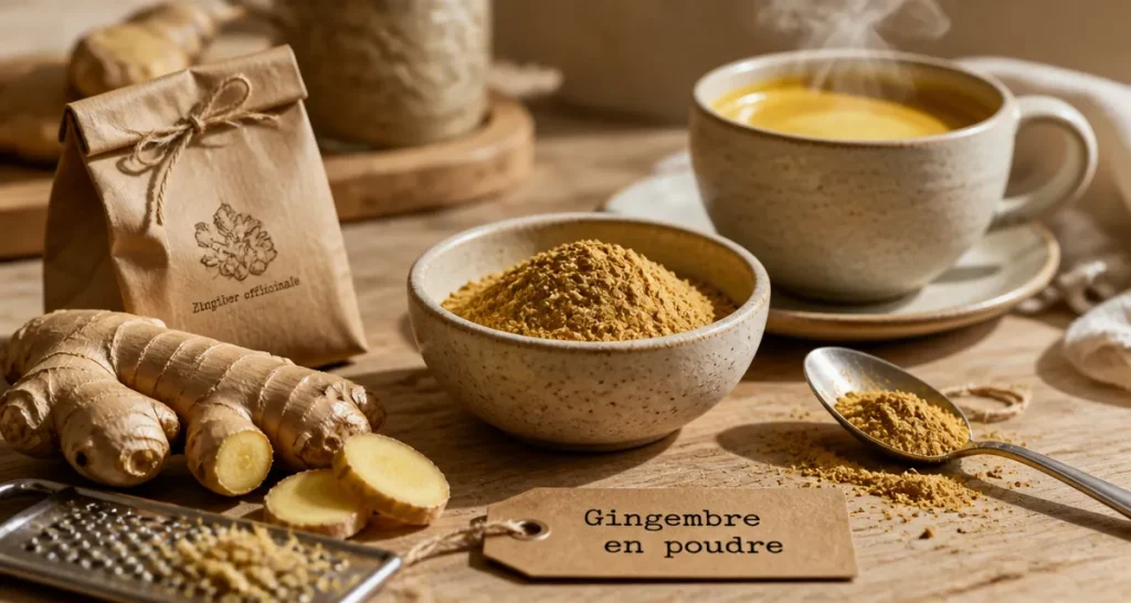 Gingembre en poudre dans un bol, dosage au quotidien