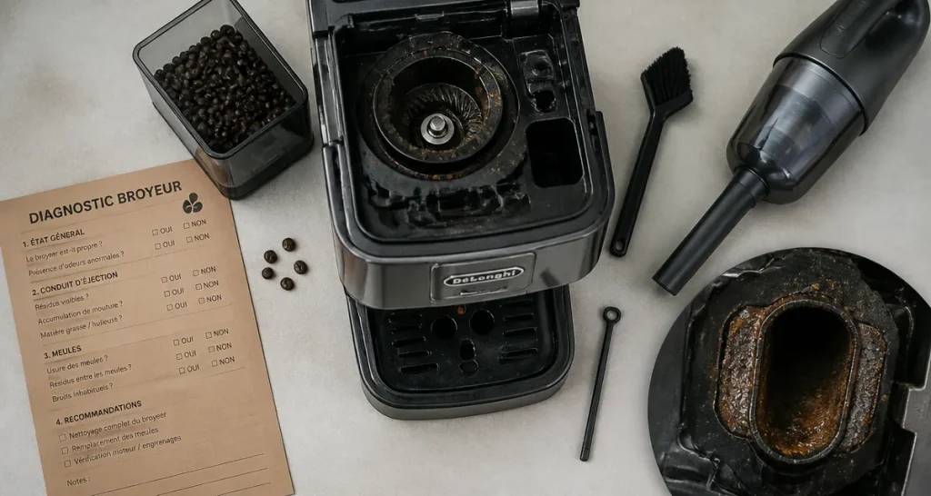Machine à café Delonghi : problème broyeur bloqué, diagnostic et solutions pour relancer la machine