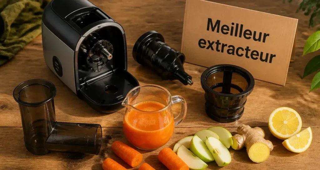 Meilleur extracteur de jus 2024, extracteur à pression à froid sur table avec jus orange
