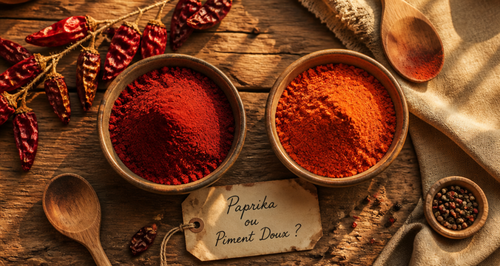 Paprika ou piment doux en poudre sur plan de travail