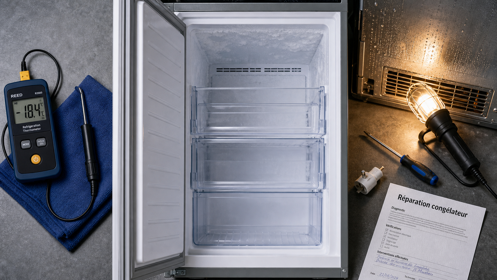 Réparation congélateur : diagnostic pannes, congélateur ouvert avec givre et ventilation humide