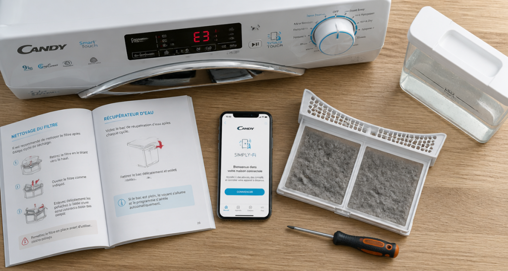 sèche linge candy smart touch problème code e3