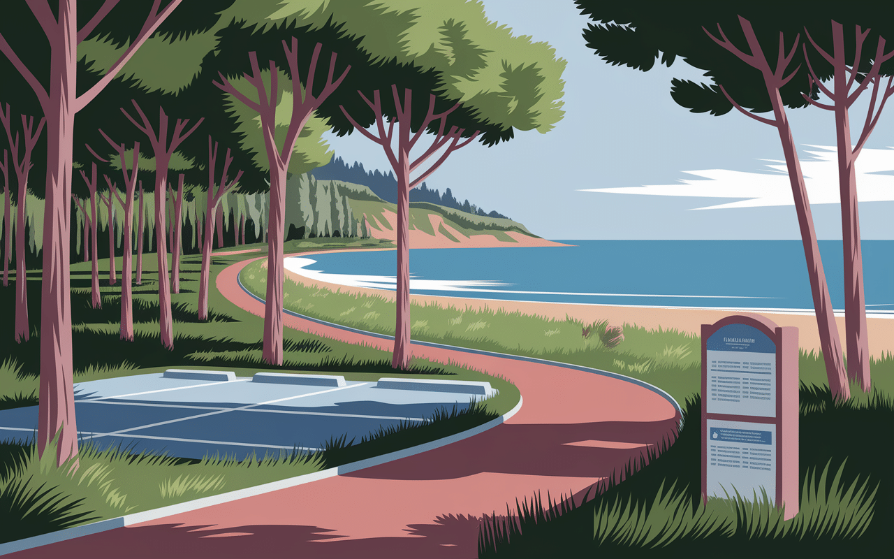 Sentier accès plage de l'estagnol parking ombragé sous pins