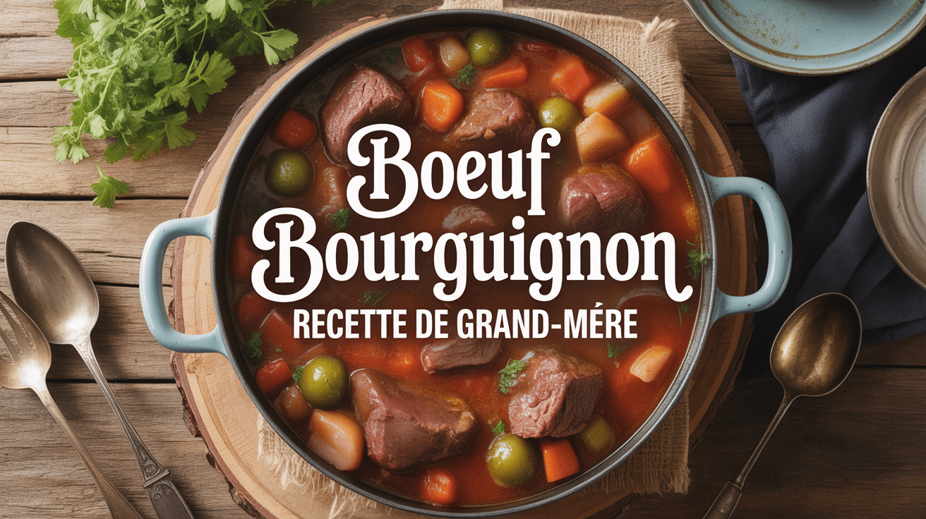 Cocotte en fonte avec boeuf bourguignon recette de grand-mere sur table rustique