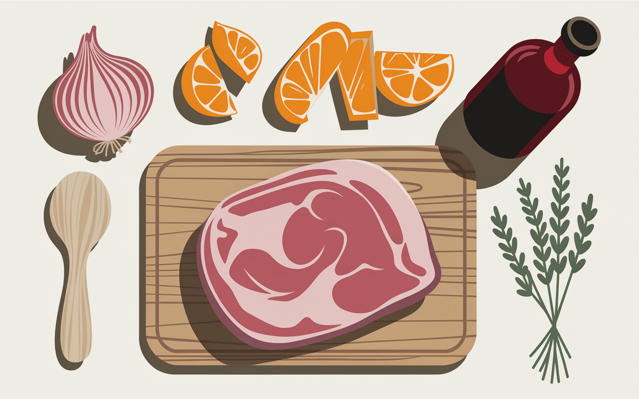 Ingredients frais pour boeuf bourguignon recette de grand-mere sur planche en bois