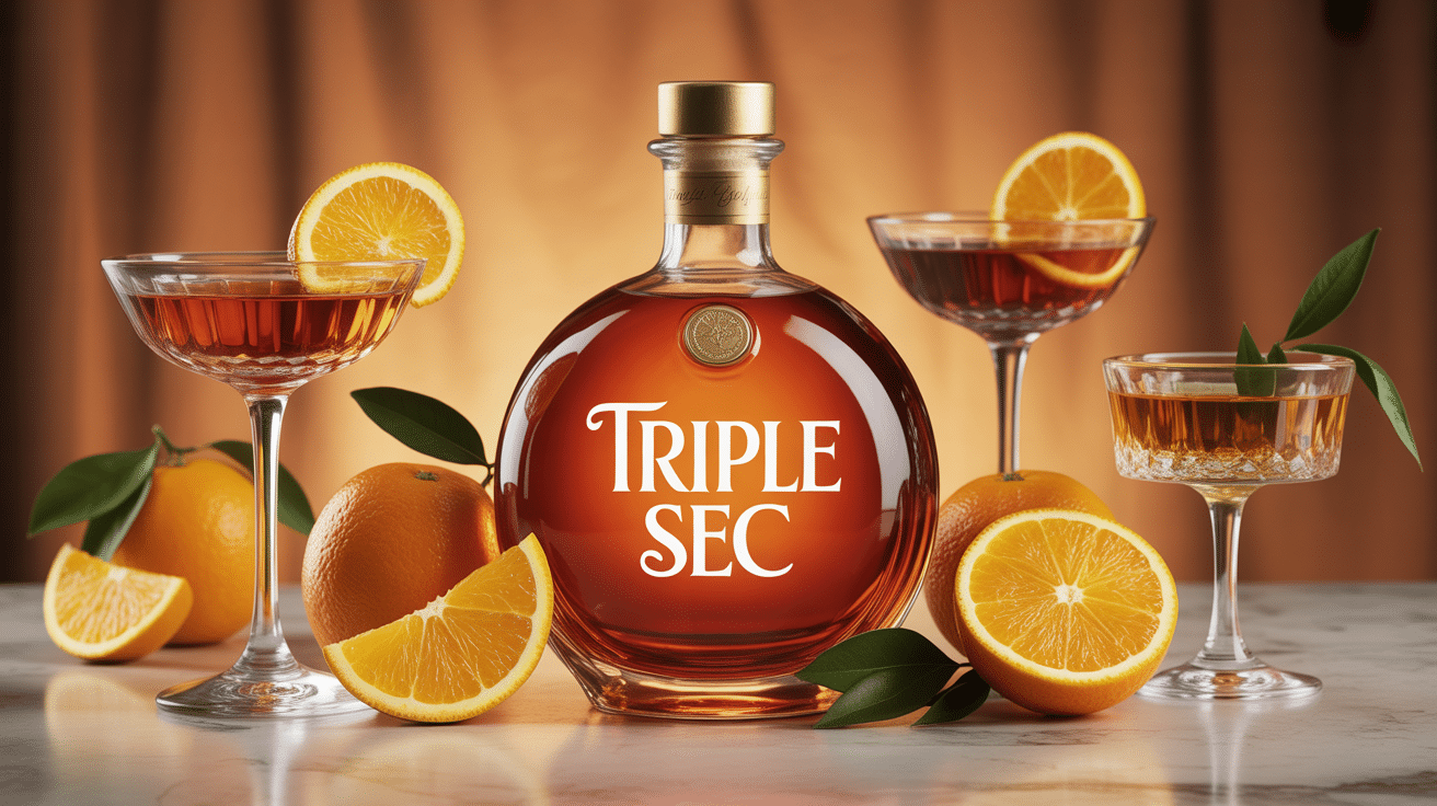 Bouteille élégante de triple sec avec écorces d'orange et verres à cocktail