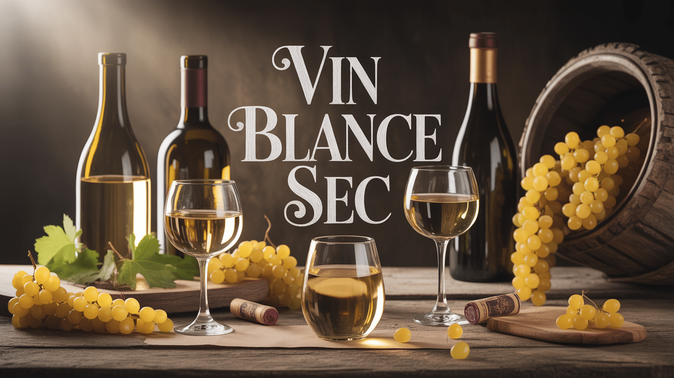 verres et bouteilles de vin blanc sec sur table rustique