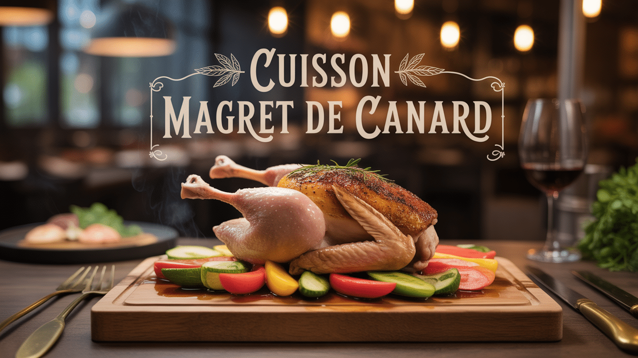 magret de canard cuisson peau croquante sur planche légumes