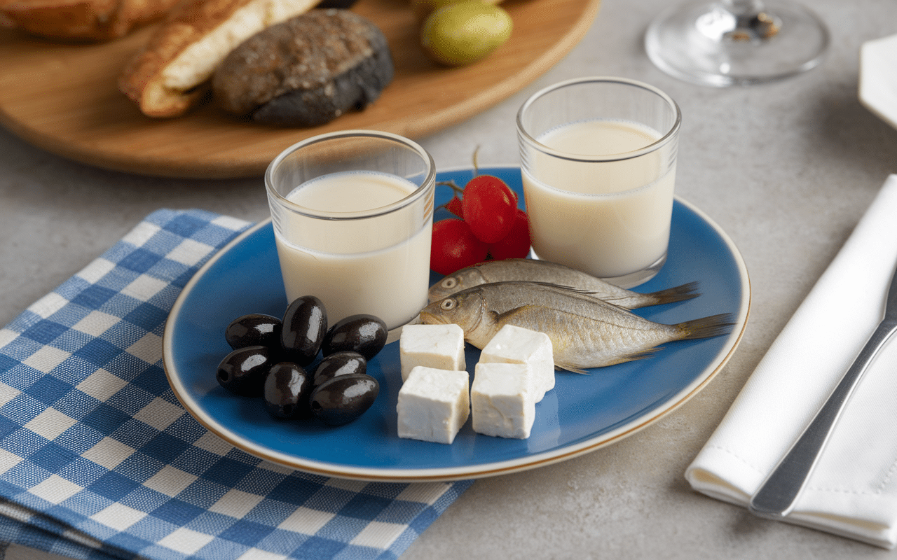 degustation ouzo verres blanc laiteux avec mezzes