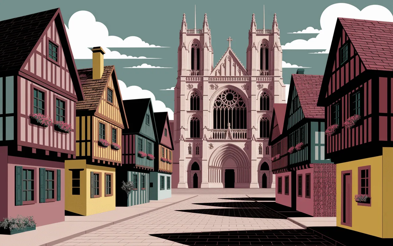 Place medievale avec maisons a colombages et cathedrale a Eauze