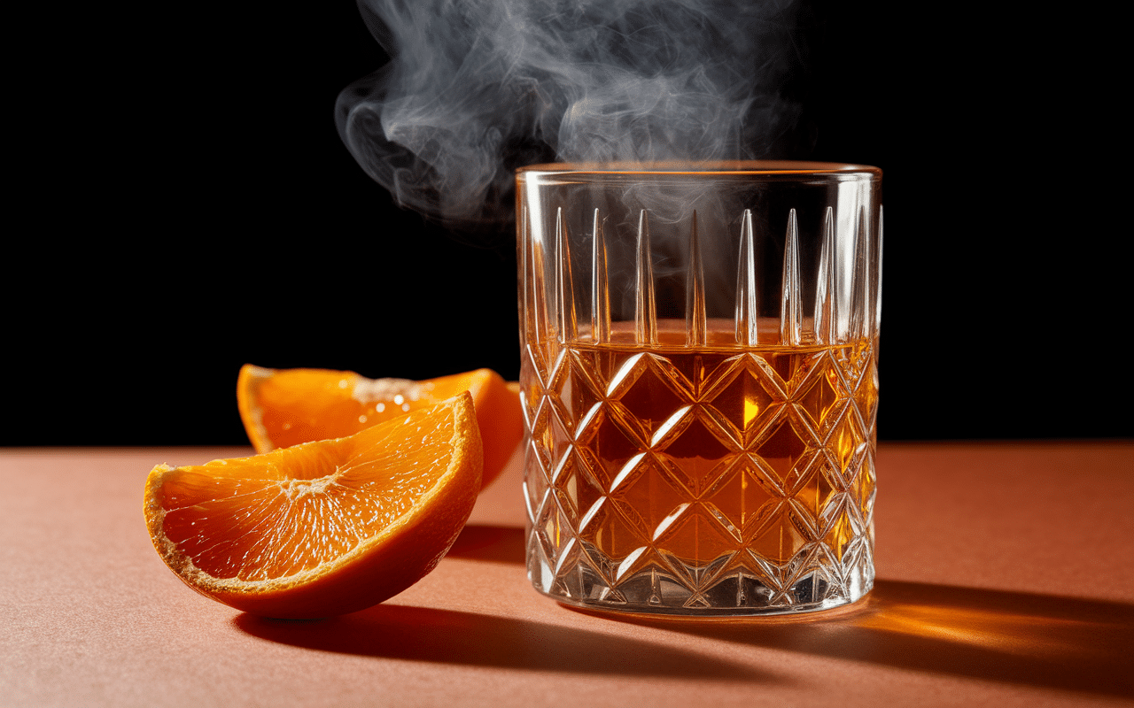 Verre en cristal contenant triple sec et écorces d'orange séchées