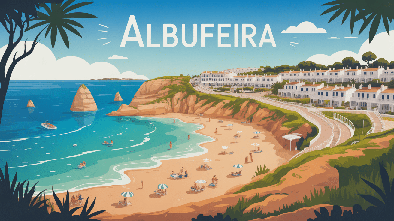 vue panoramique de la station balneaire Albufeira avec plages et maisons blanches