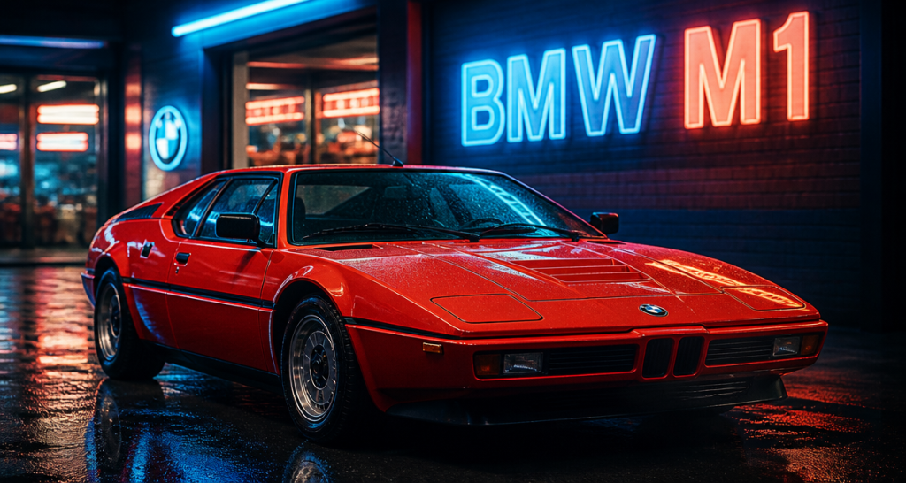 bmw m1 supercar rouge devant garage rétro