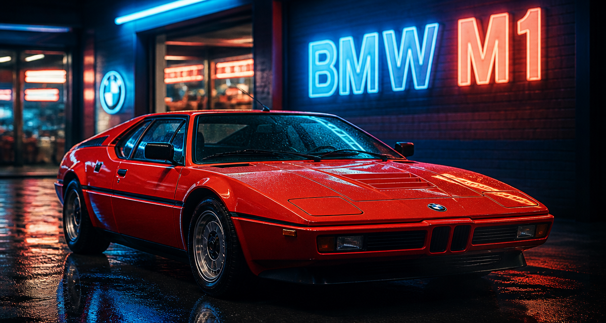 bmw m1 supercar rouge devant garage rétro