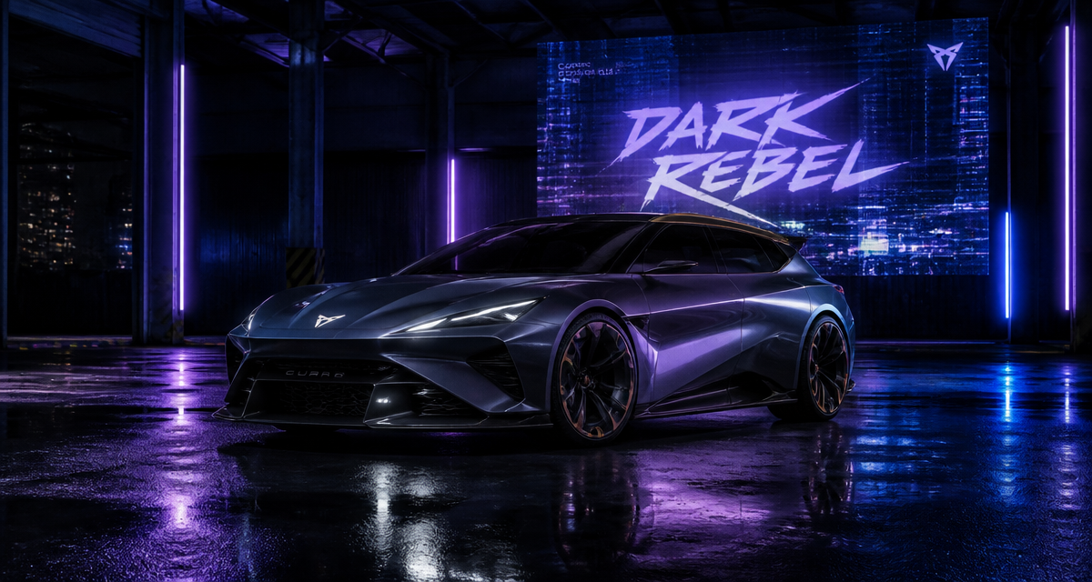 Cupra Dark Rebel prix dans hangar industriel de nuit