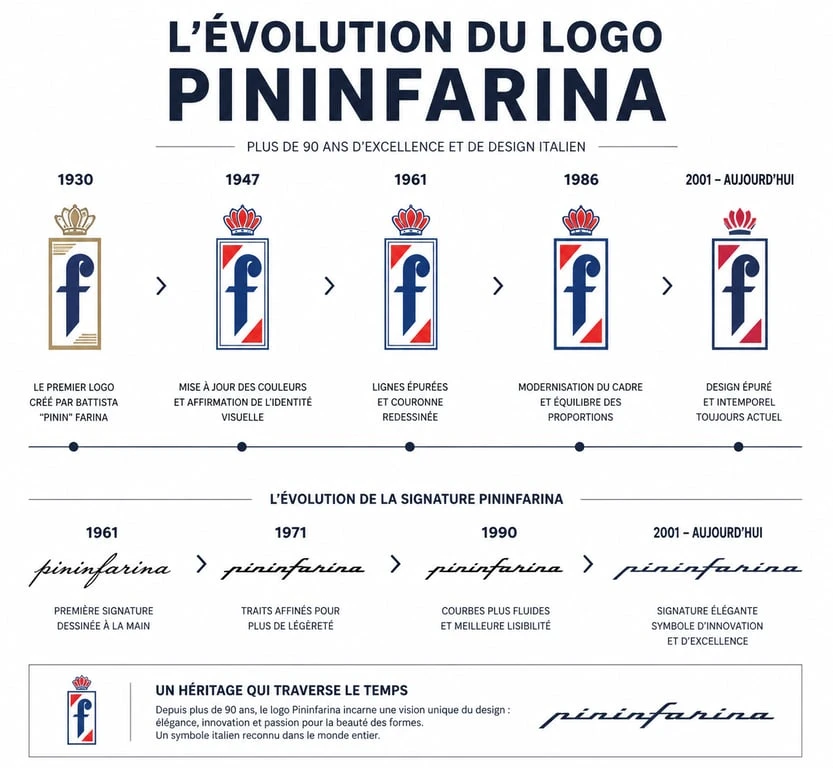 Évolution du logo Pininfarina : de la lettre f couronnée au lettrage dynamique contemporain