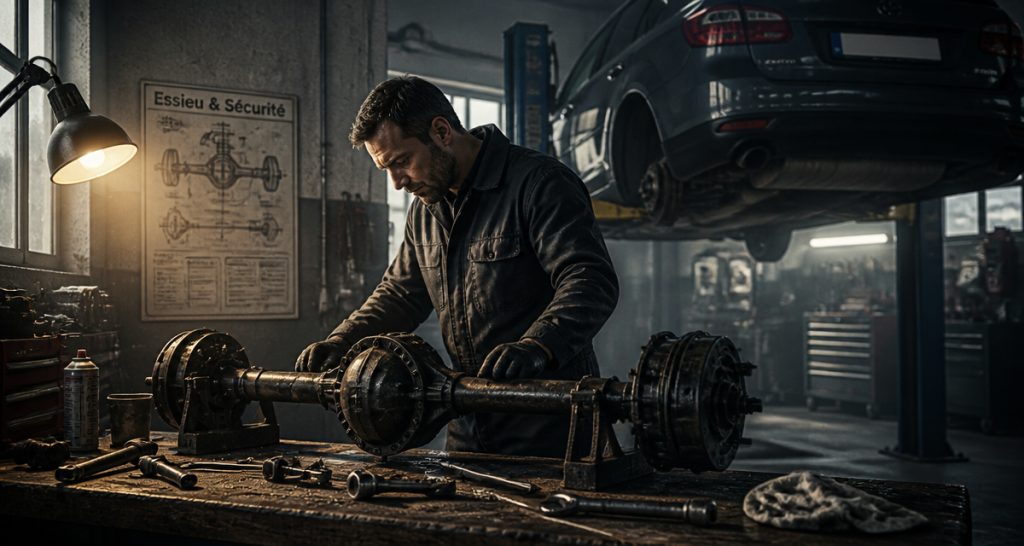 Essieu voiture examiné par mécanicien en garage
