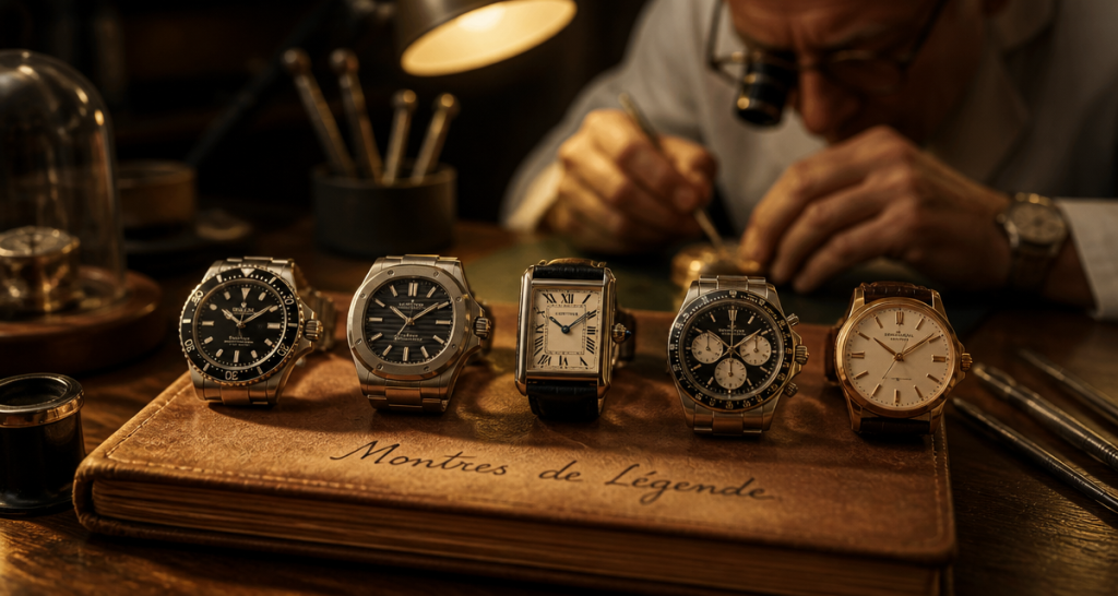 top 10 montre de luxe alignées sur carnet cuir