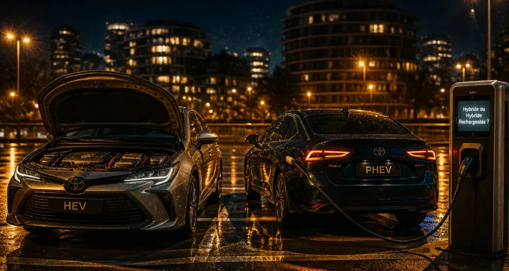 Différence entre hybride et hybride rechargeable, deux voitures côte à côte, HEV et PHEV