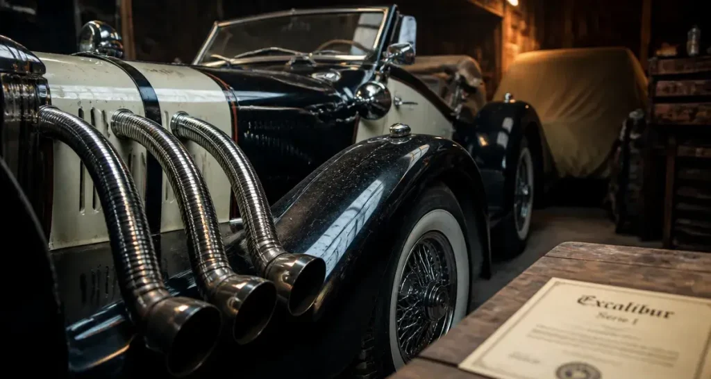 Voiture Excalibur : série I bicolore noir et ivoire sur parking de garage