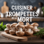 Cuire des trompettes de la mort sur planche bois avec herbes