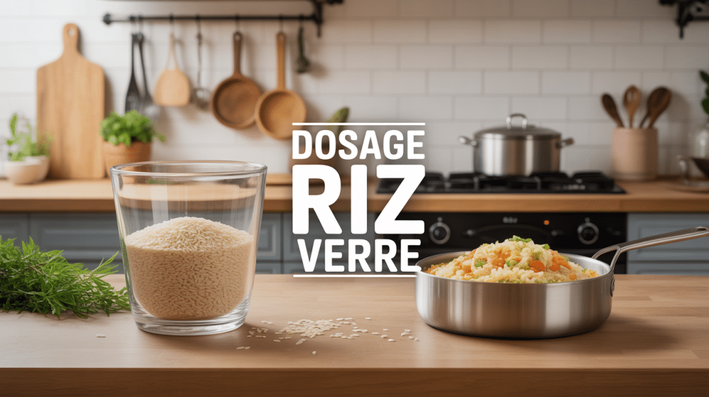 Dosage riz verre avec bol de riz cuit et casserole
