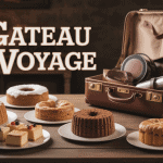 Gâteau de voyage sur table, valise vintage en arrière-plan