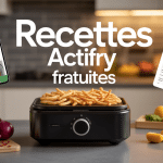 Friteuse et smartphone affichant recettes actifry à télécharger gratuitement