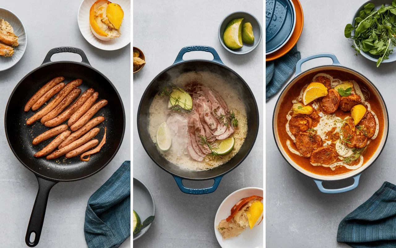 Cuisson saucisse de Francfort poêle vapeur eau