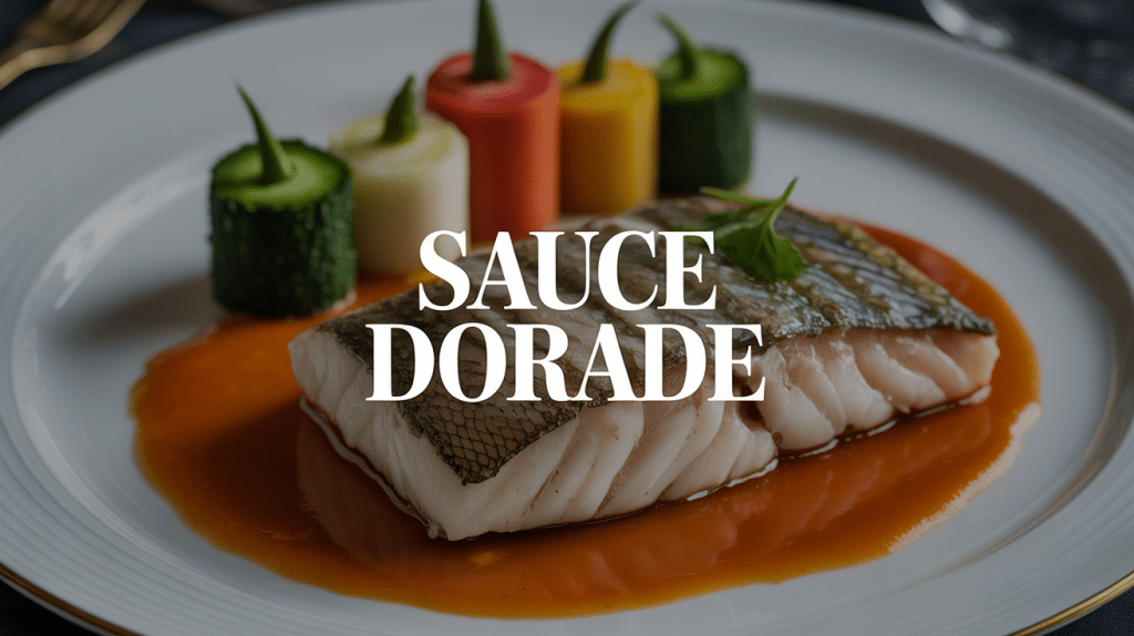 Filet de dorade nappé de sauce dorade brillante avec légumes