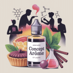 concept arome flacon entouré d'éléments gourmands et molécules