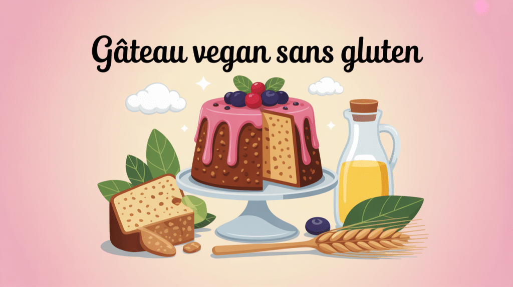 gateau vegan sans gluten moelleux sur presentoir avec ingredients