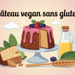 gateau vegan sans gluten moelleux sur presentoir avec ingredients