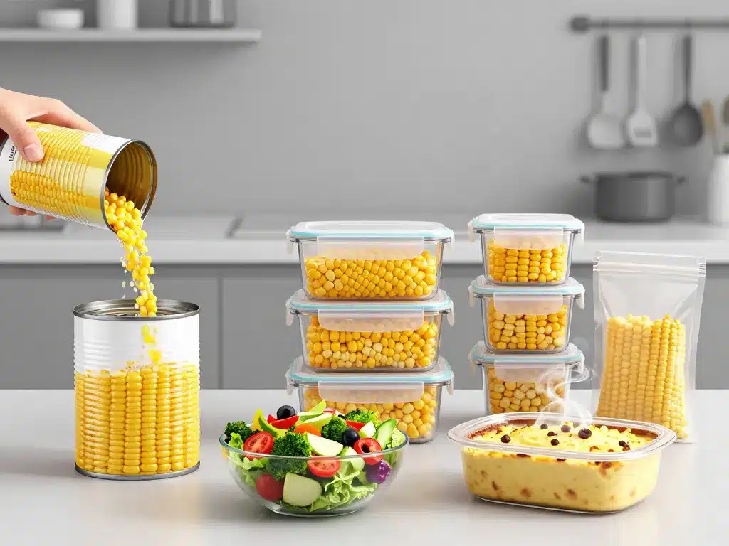 Scène cuisine grosse boîte de maïs 5 kg : égouttage, portions, recettes froides et chaudes