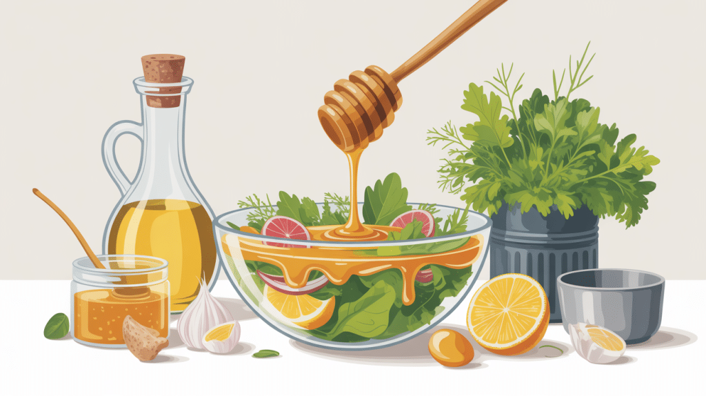 Sauce au miel pour salade dans un saladier, ingrédients autour