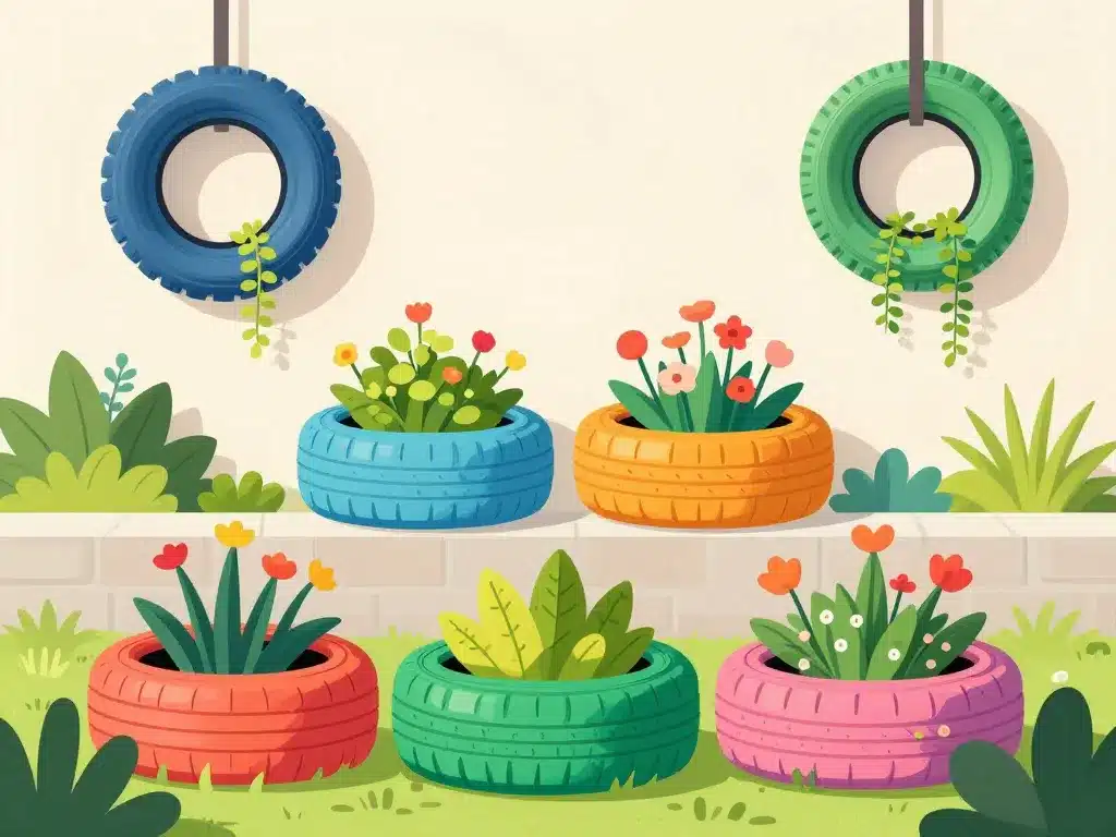 deco exterieur avec des pneus jardiniere peinture