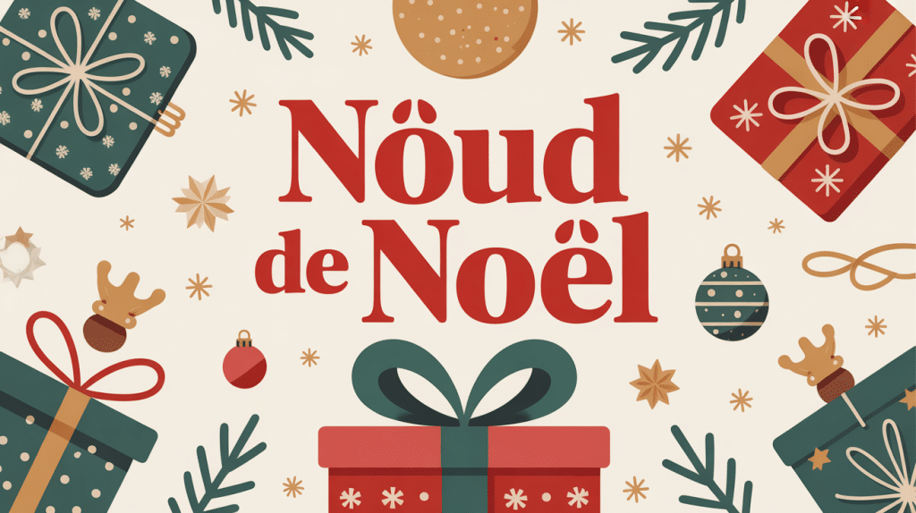 Différents noeuds noel sur paquets cadeau sapin et couronne